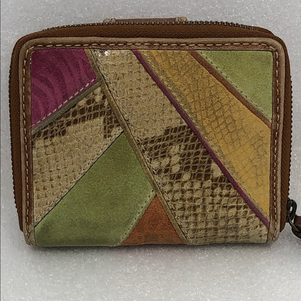 FOSSIL Wallet Brown Multicolor Patchwork Leather Zip Around